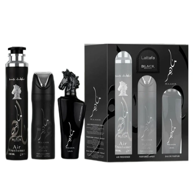 SET LATTAFA Maahir Black Edition EDP spray 100ml + PERFUMED SPRAY 200ml + AIR FRESHENER 300ml-1 27116 