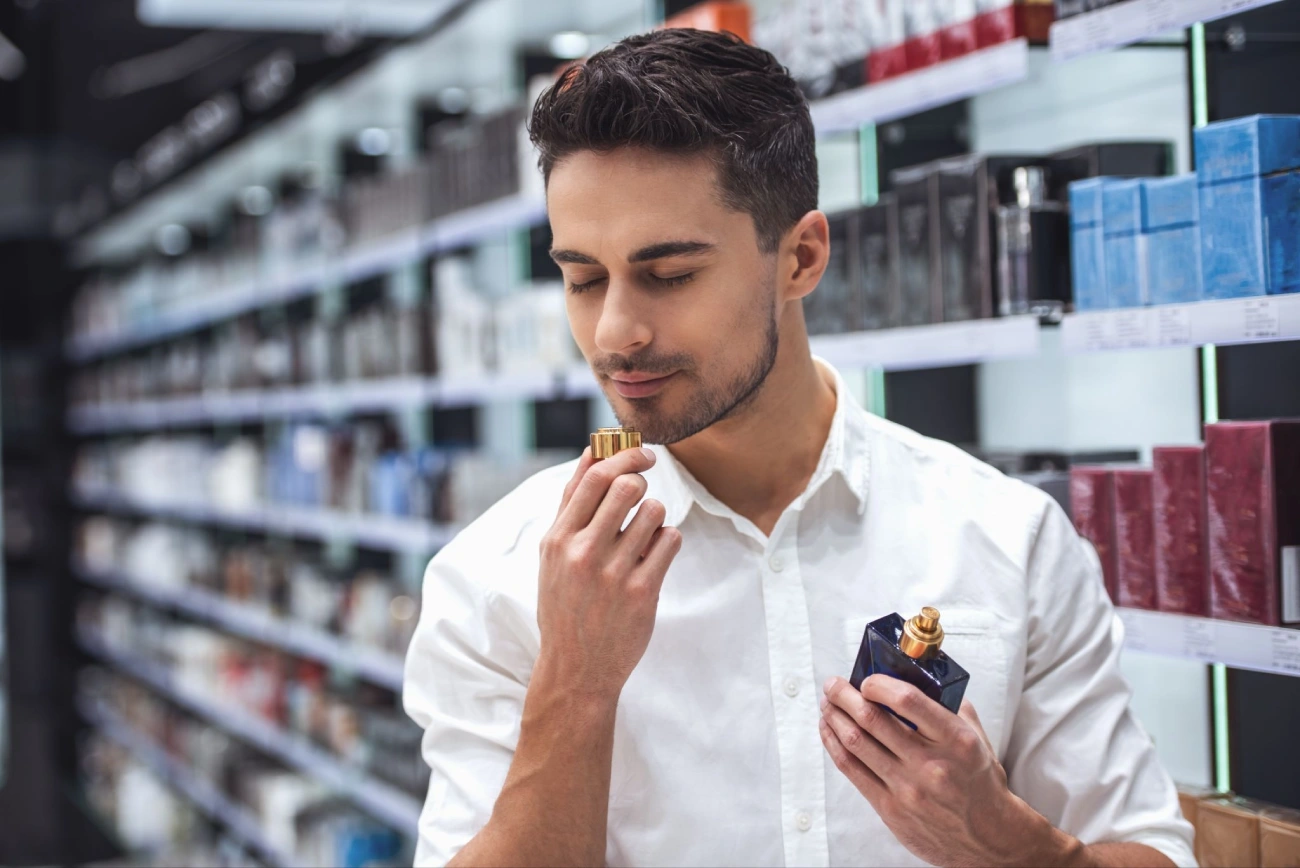 mężczyzna wąchający perfumy w drogerii